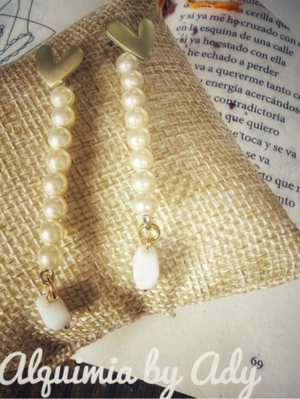 White jade Pearl Drop Heart Earrings in Gold and Cream X-Long